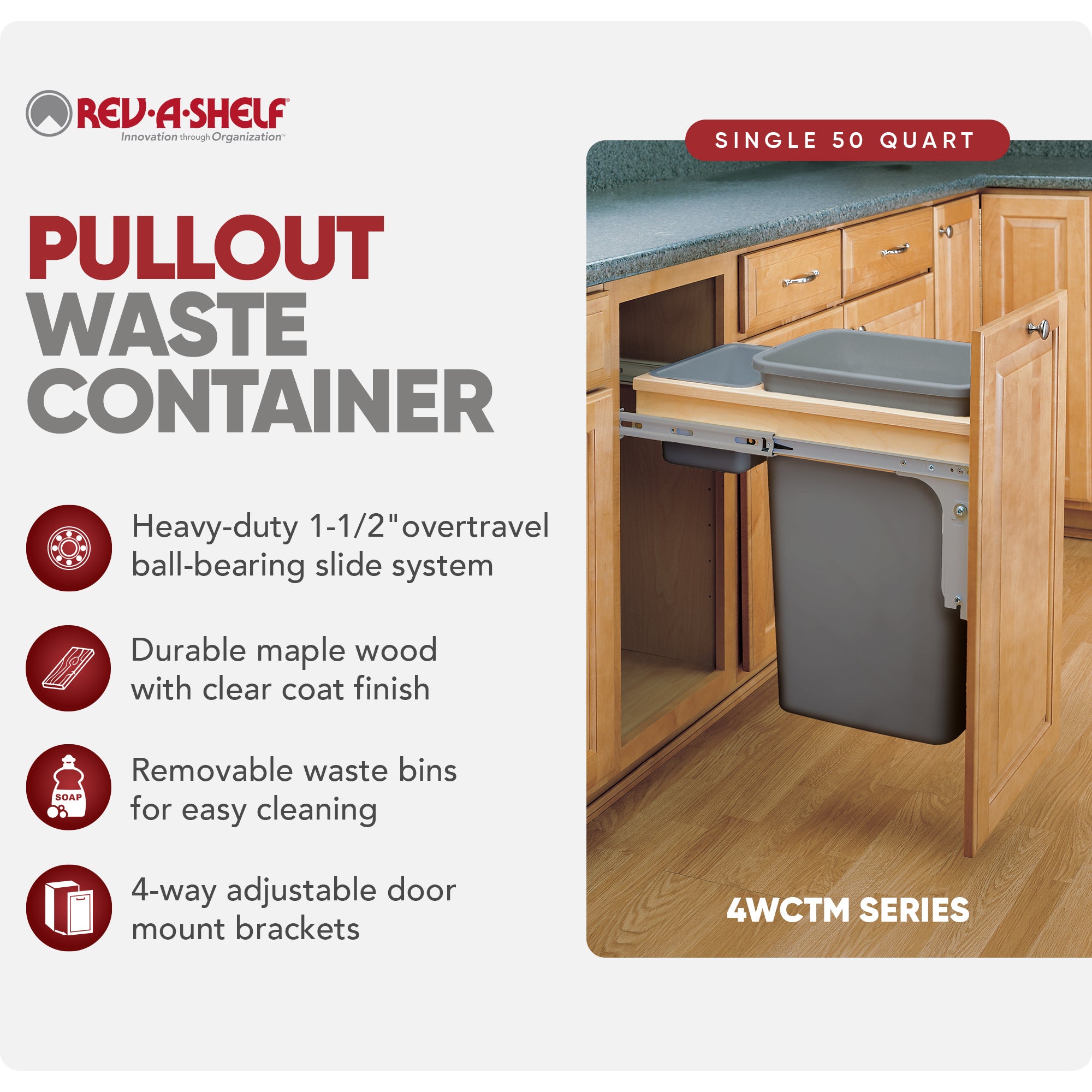 Rev-A-Shelf Pullout Top Mount Trash Can w/ Soft-close, 50 qt.,4WTCM-1550BBSCDM-1 - VMInnovations