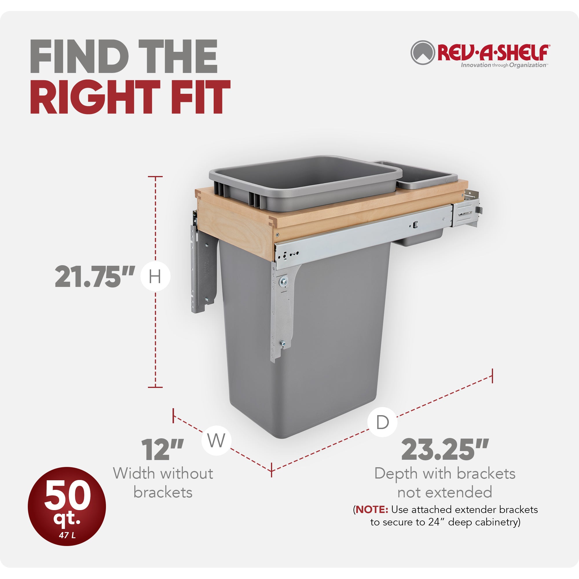 Rev-A-Shelf Pullout Top Mount Trash Can w/ Soft-close, 50 qt.,4WTCM-1550BBSCDM-1 - VMInnovations