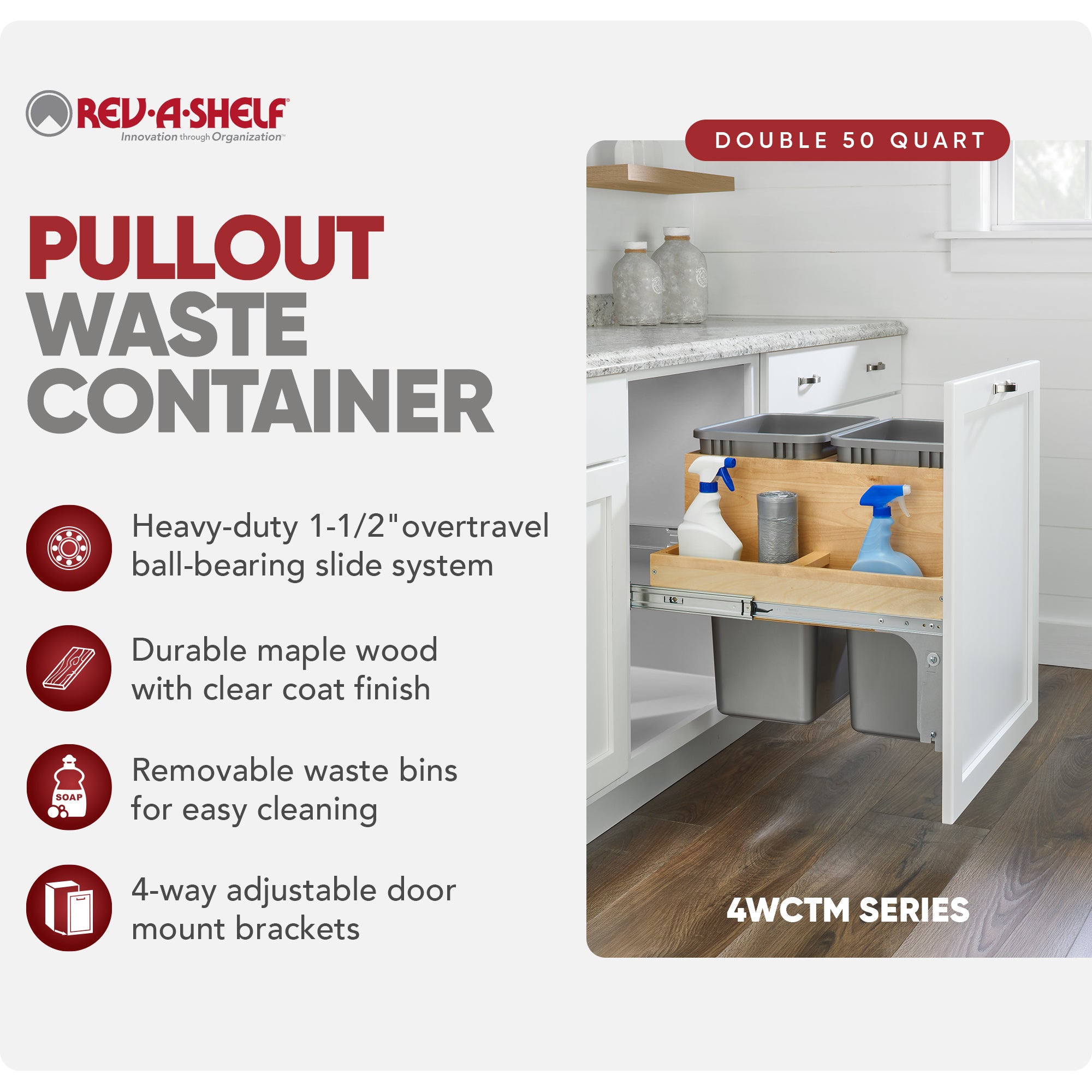 Rev-A-Shelf Double Pullout Top Mount Bin w/ Soft-close, 50 qt., 4WCTM-2450BBSCDM-2