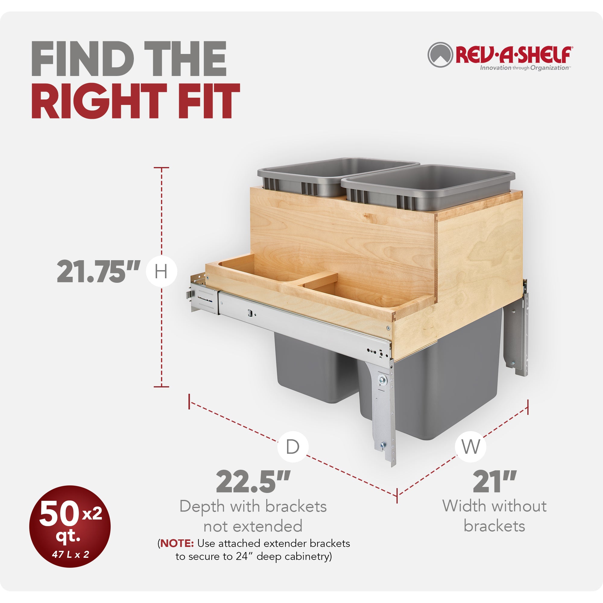 Rev-A-Shelf Double Pullout Top Mount Bin w/ Soft-close, 50 qt., 4WCTM-2450BBSCDM-2