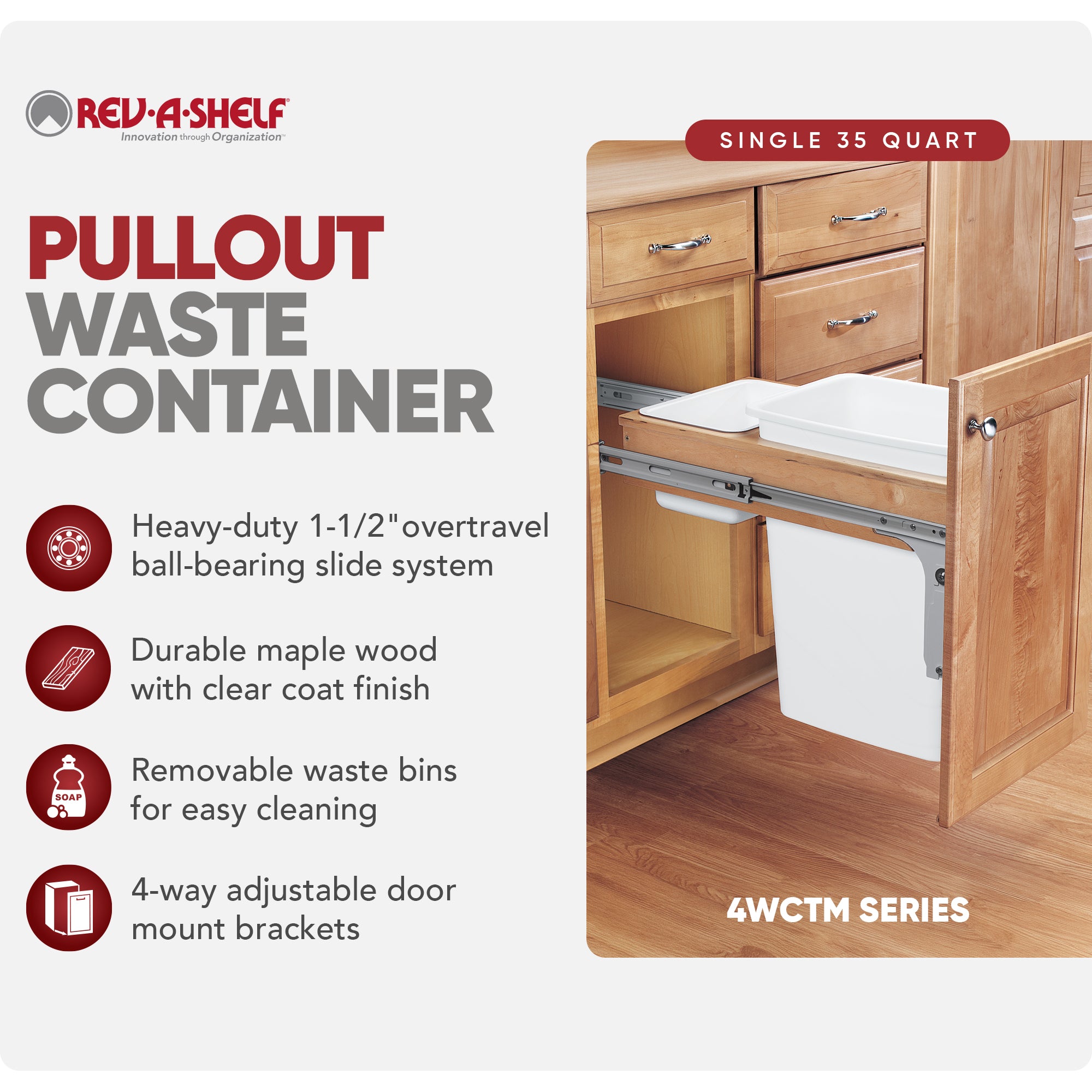 Rev-A-Shelf Single Pullout Top Mount Trash Can 35 qt., White, 4WCTM-12DM1-162