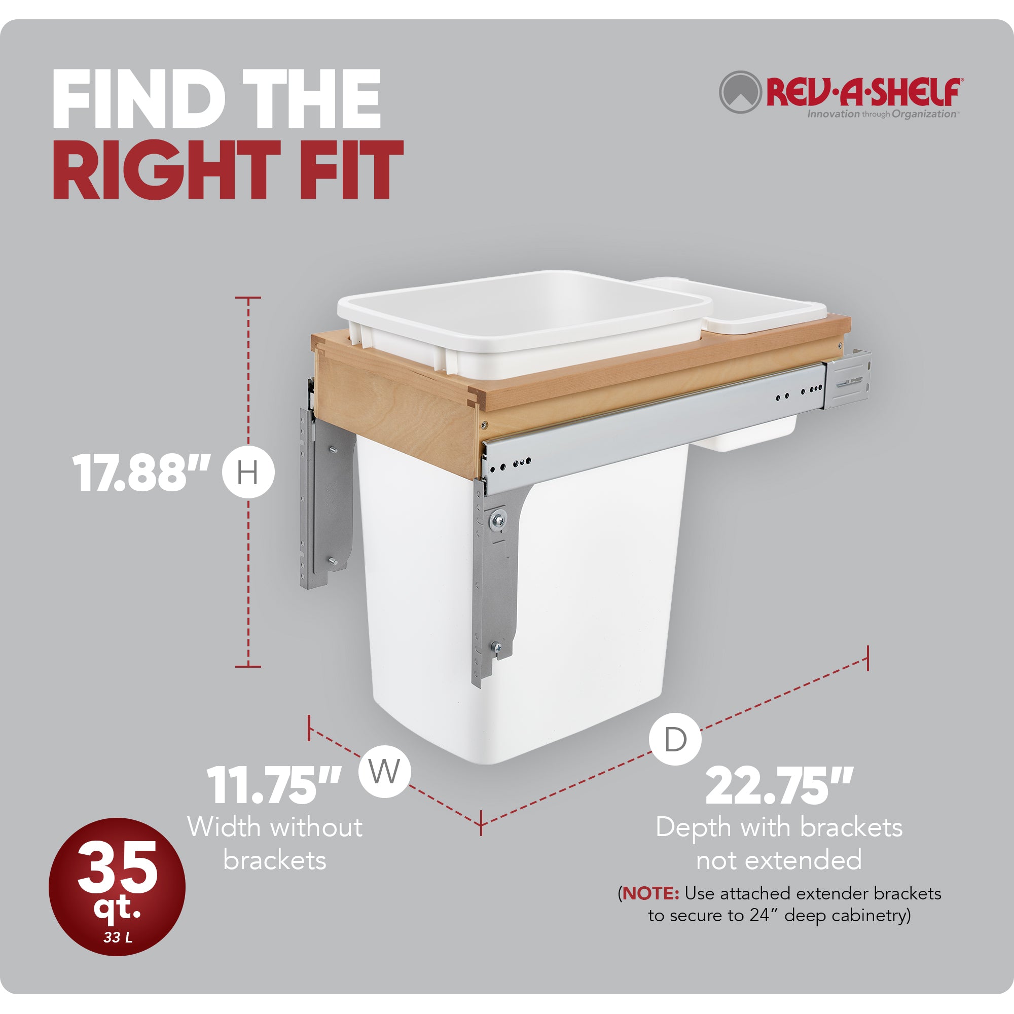 Rev-A-Shelf Single Pullout Top Mount Trash Can 35 qt., White, 4WCTM-12DM1-162
