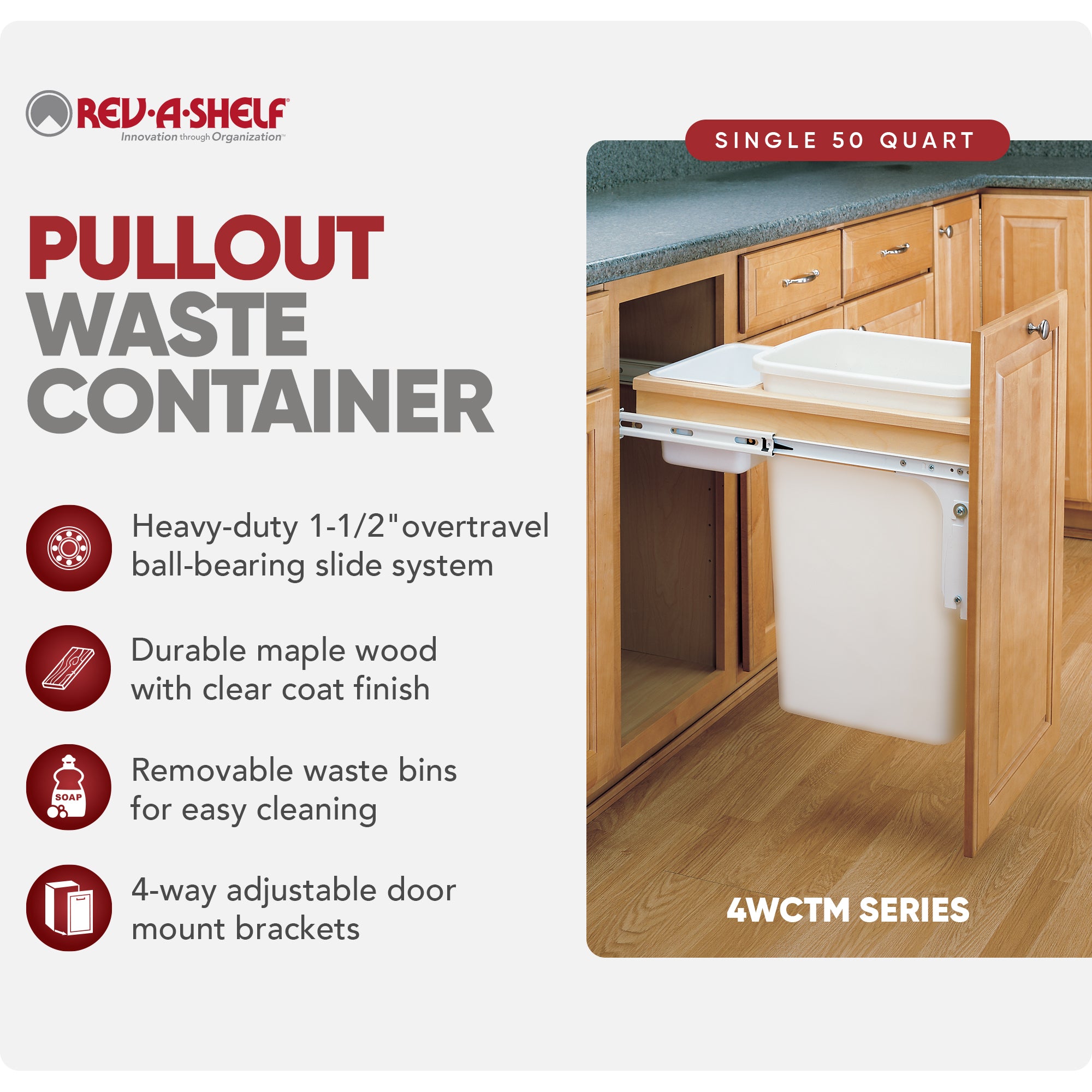 Rev-A-Shelf Pullout Trash Can, Full-Height Cabinet, 50 qt., White,4WCTM-1850DM-1
