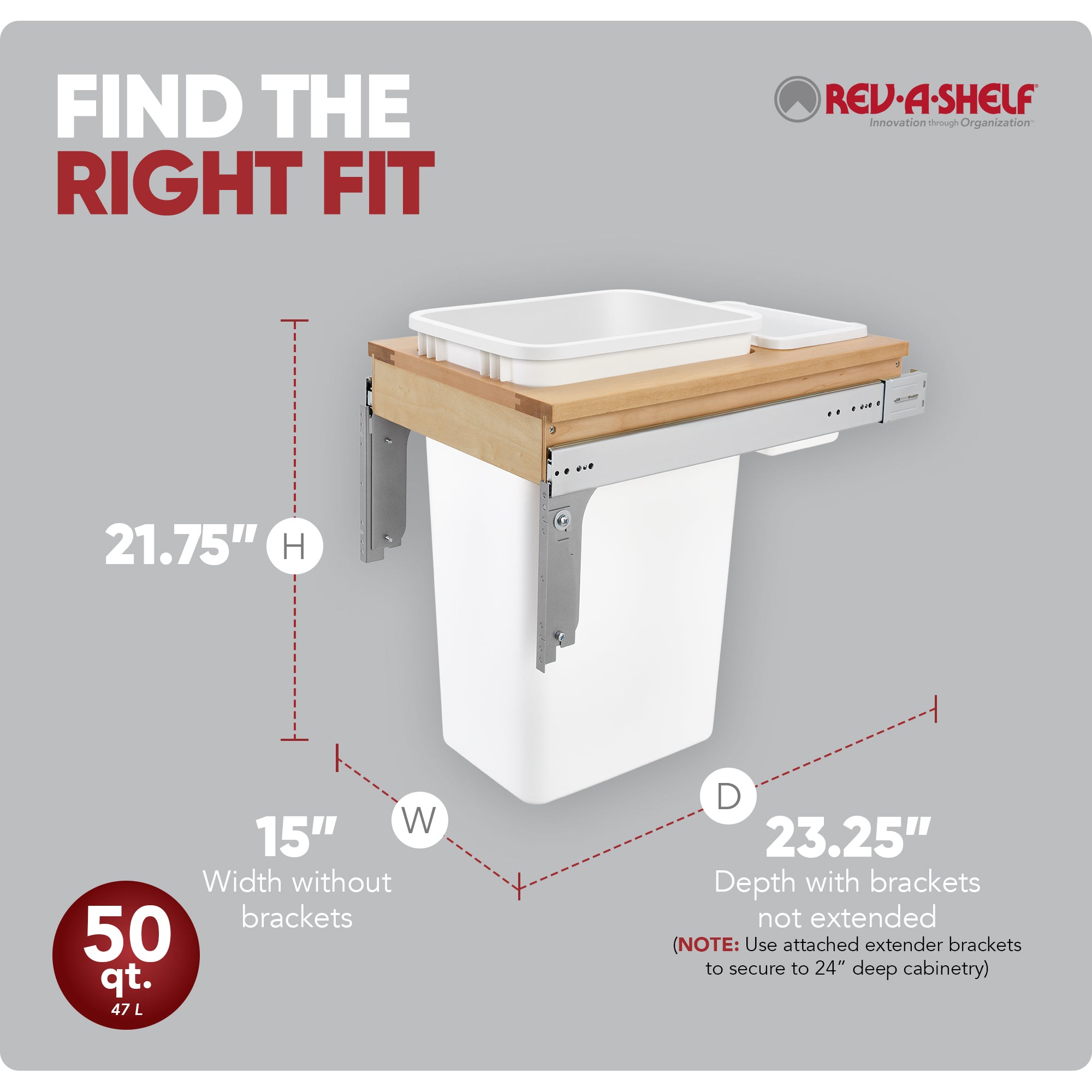 Rev-A-Shelf Pullout Trash Can, Full-Height Cabinet, 50 qt., White,4WCTM-1850DM-1