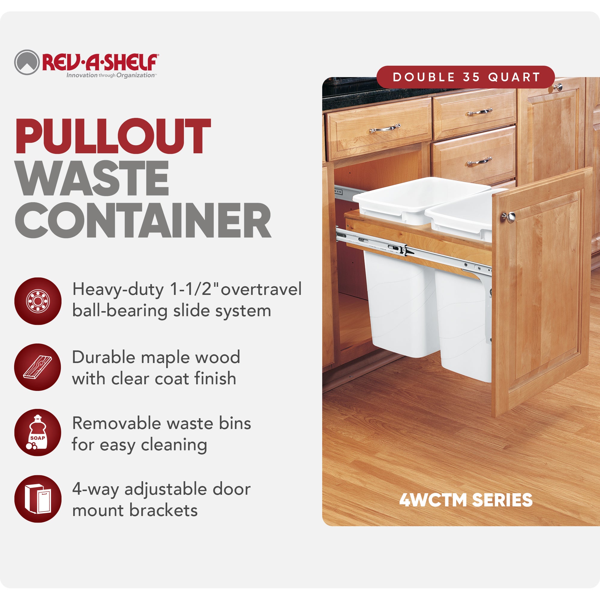 Rev-A-Shelf Top Mount Double Pullout Under Cabinet 35 Quart / 8.75 Gallon Kitchen Trash Cans with 150 lb Full-Extension Slides, 4WCTM-18DM2-162