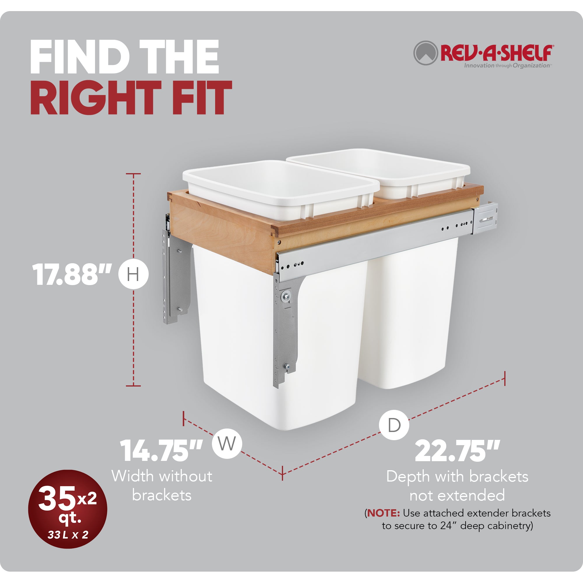 Rev-A-Shelf Top Mount Double Pullout Under Cabinet 35 Quart / 8.75 Gallon Kitchen Trash Cans with 150 lb Full-Extension Slides, 4WCTM-18DM2-162