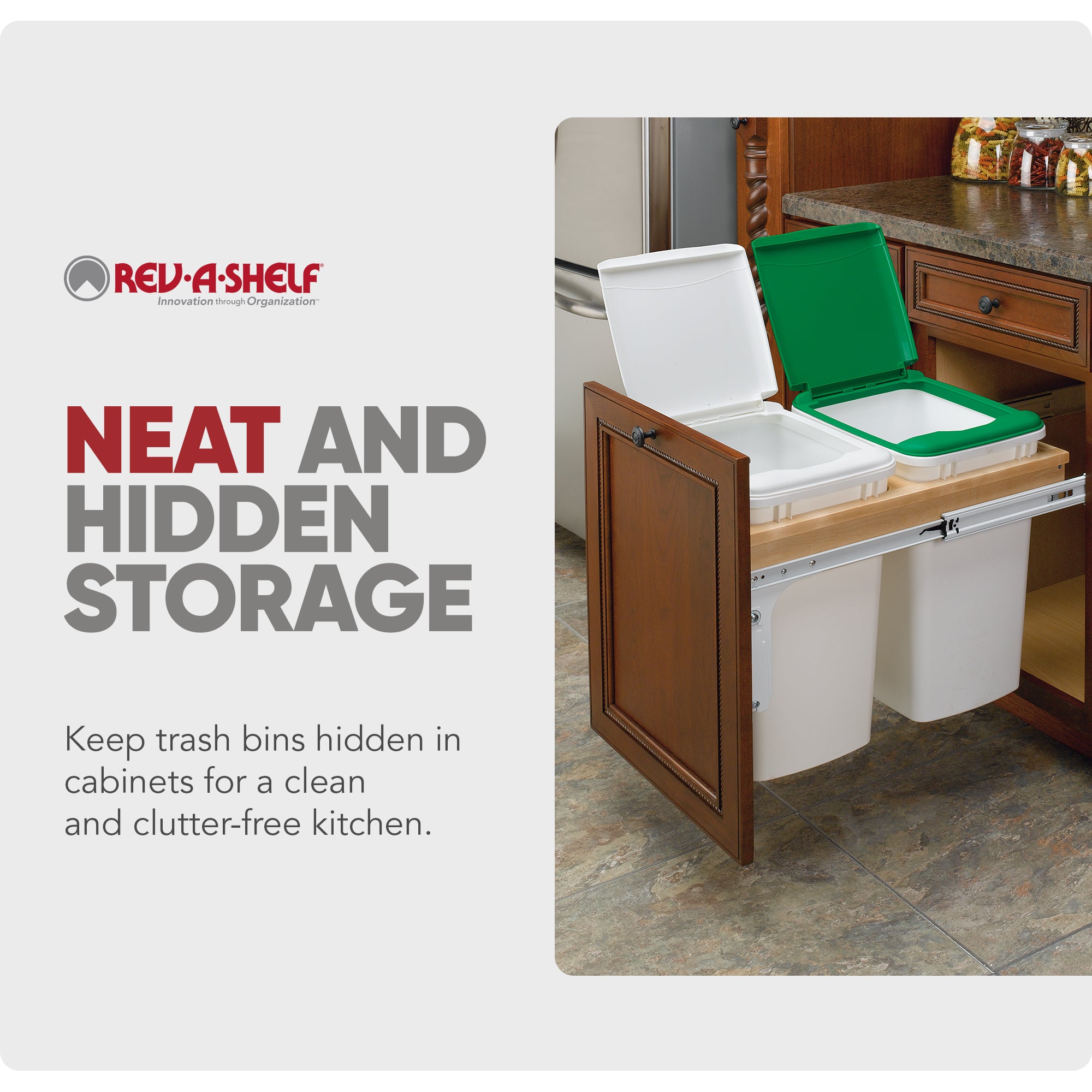 Rev-A-Shelf Top Mount Double Pullout Under Cabinet 35 Quart / 8.75 Gallon Kitchen Trash Cans with 150 lb Full-Extension Slides, 4WCTM-18DM2-162