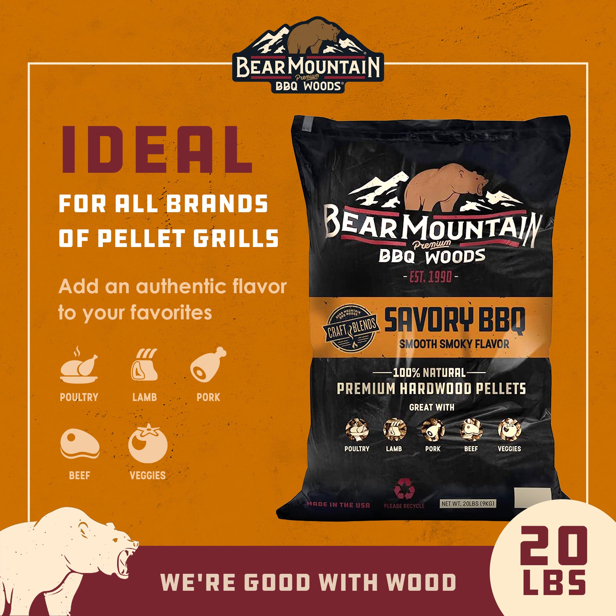 Bear Mountain BBQ Hardwood Savory Craft Blends Grill Smoker Pellets, 20 Pounds - VMInnovations