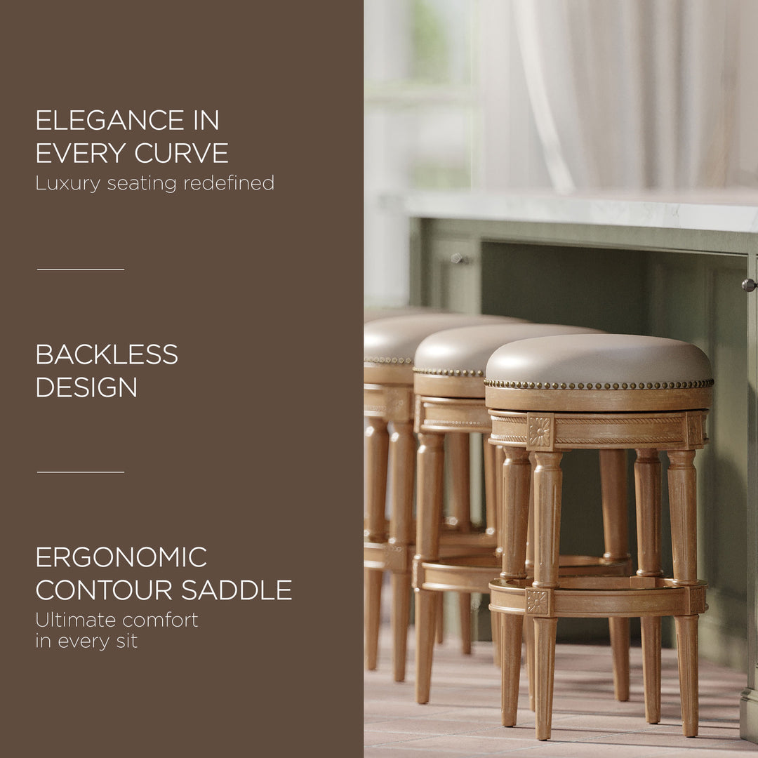 Maven Lane Pullman Backless Bar Stool in Weathered Oak Finish w/ Avanti Bone Vegan Leather - VMInnovations