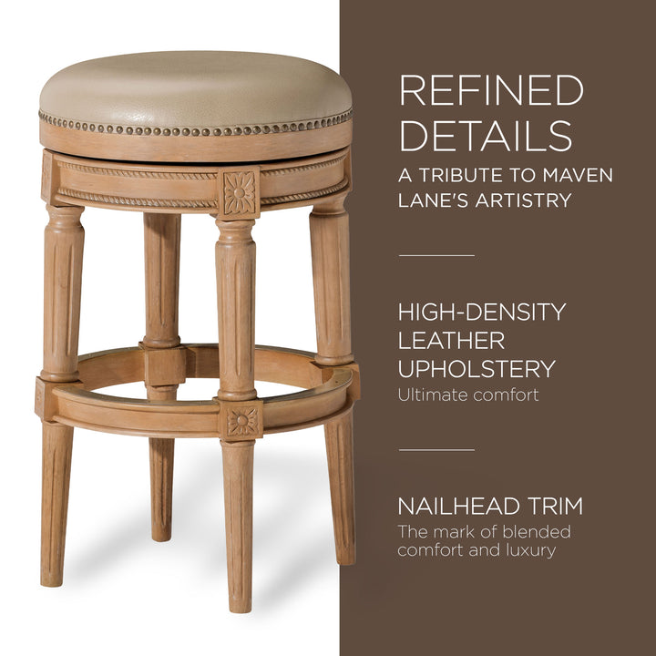 Maven Lane Pullman Backless Bar Stool in Weathered Oak Finish w/ Avanti Bone Vegan Leather - VMInnovations