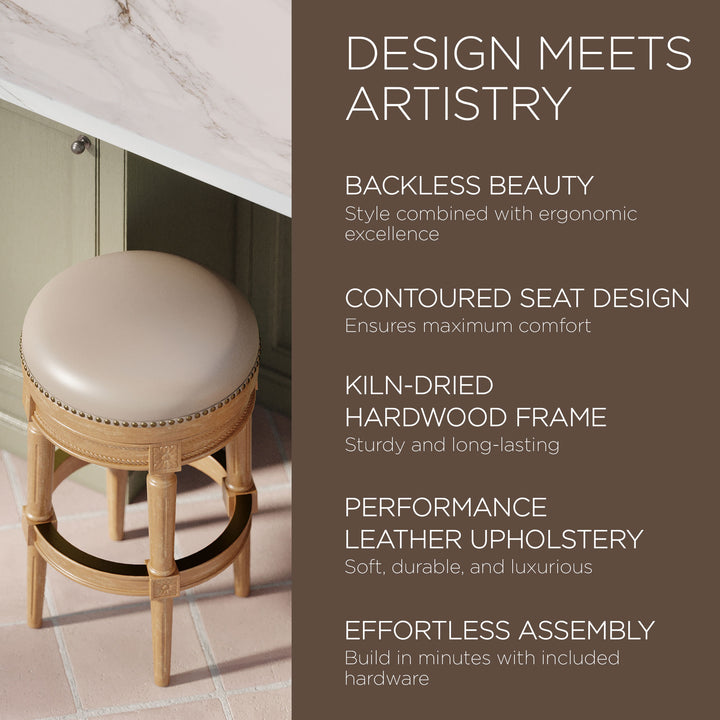 Maven Lane Pullman Backless Bar Stool in Weathered Oak Finish w/ Avanti Bone Vegan Leather - VMInnovations