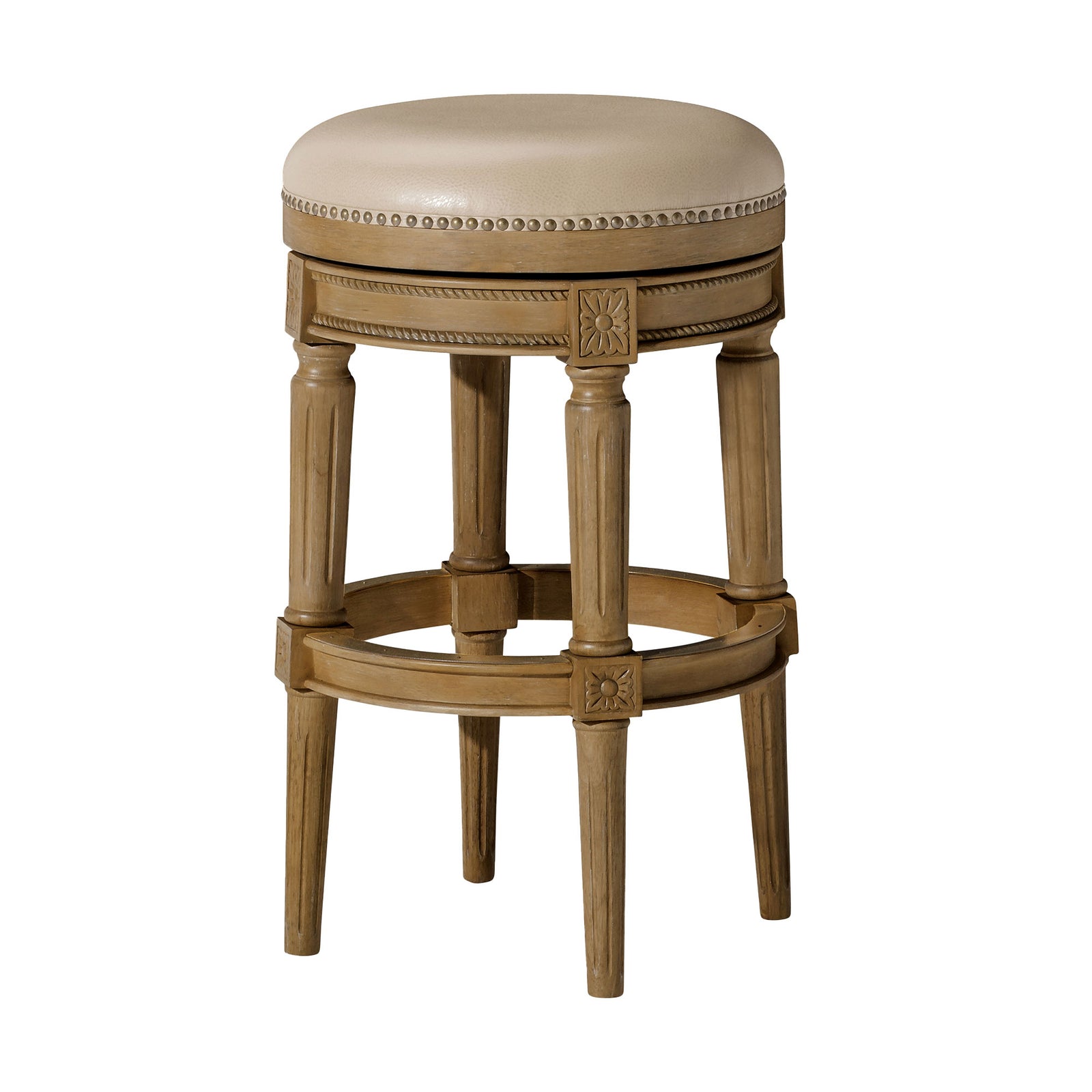 Maven Lane Pullman Backless Bar Stool in Weathered Oak Finish w/ Avanti Bone Vegan Leather - VMInnovations