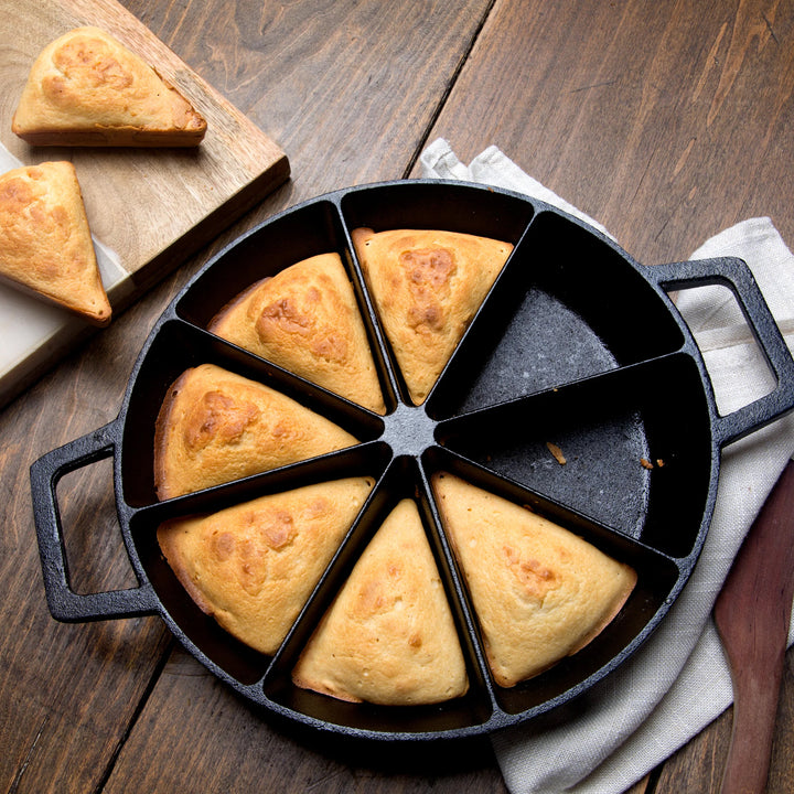 Bayou Classic 10" Round Cast Iron Wedge Cornbread Skillet Pan with Loop Handles - VMInnovations