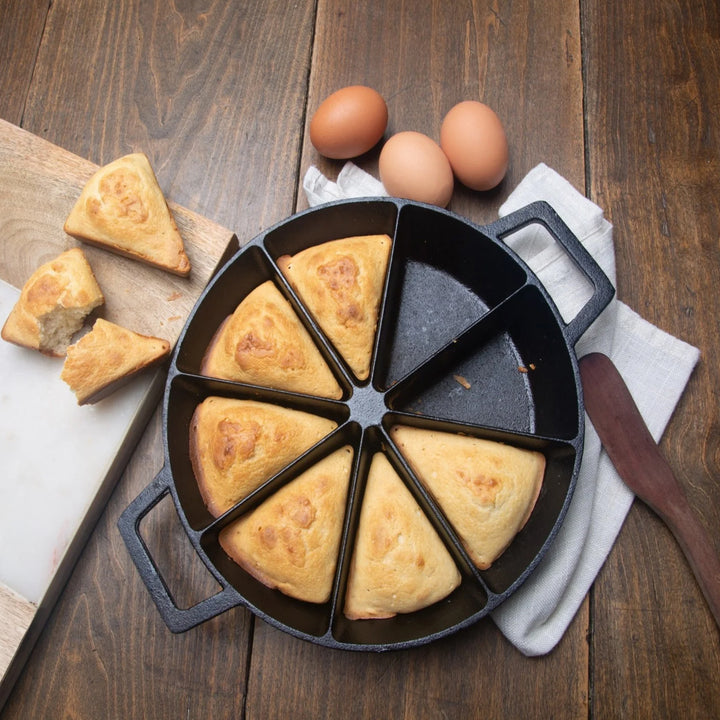Bayou Classic 10" Round Cast Iron Wedge Cornbread Skillet Pan with Loop Handles - VMInnovations