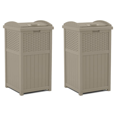 Suncast Wicker Plastic Hideaway Trash Can with Latching Lid, Dark Taupe (2 Pack)