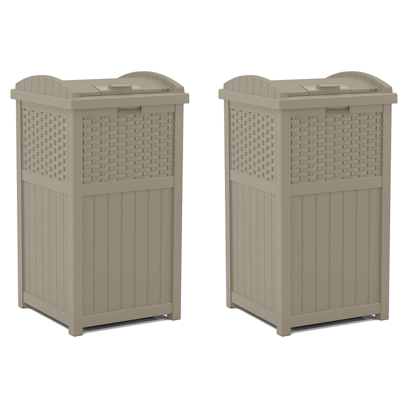 Suncast Wicker Plastic Hideaway Trash Can with Latching Lid, Dark Taupe (2 Pack)