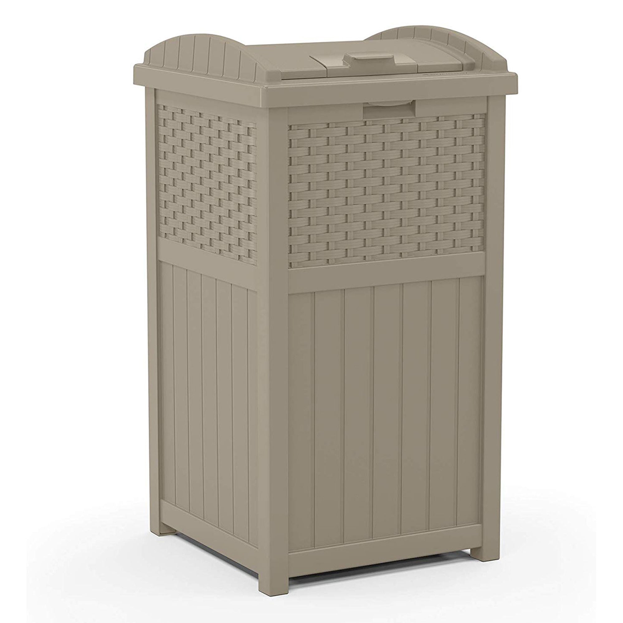 Suncast Wicker Plastic Hideaway Trash Can with Latching Lid, Dark Taupe (2 Pack) - VMInnovations
