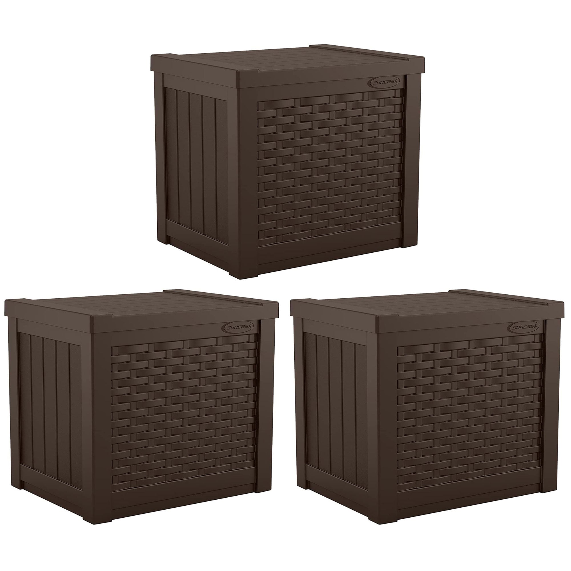 Suncast 22 Gallon Outdoor Patio Small Deck Box with Storage Seat, Java (3 Pack) - VMInnovations