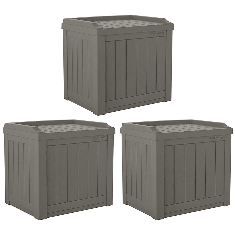 Suncast 22 gal Outdoor Patio Small Deck Chest Box w/Storage Seat, Stone (3 Pack)