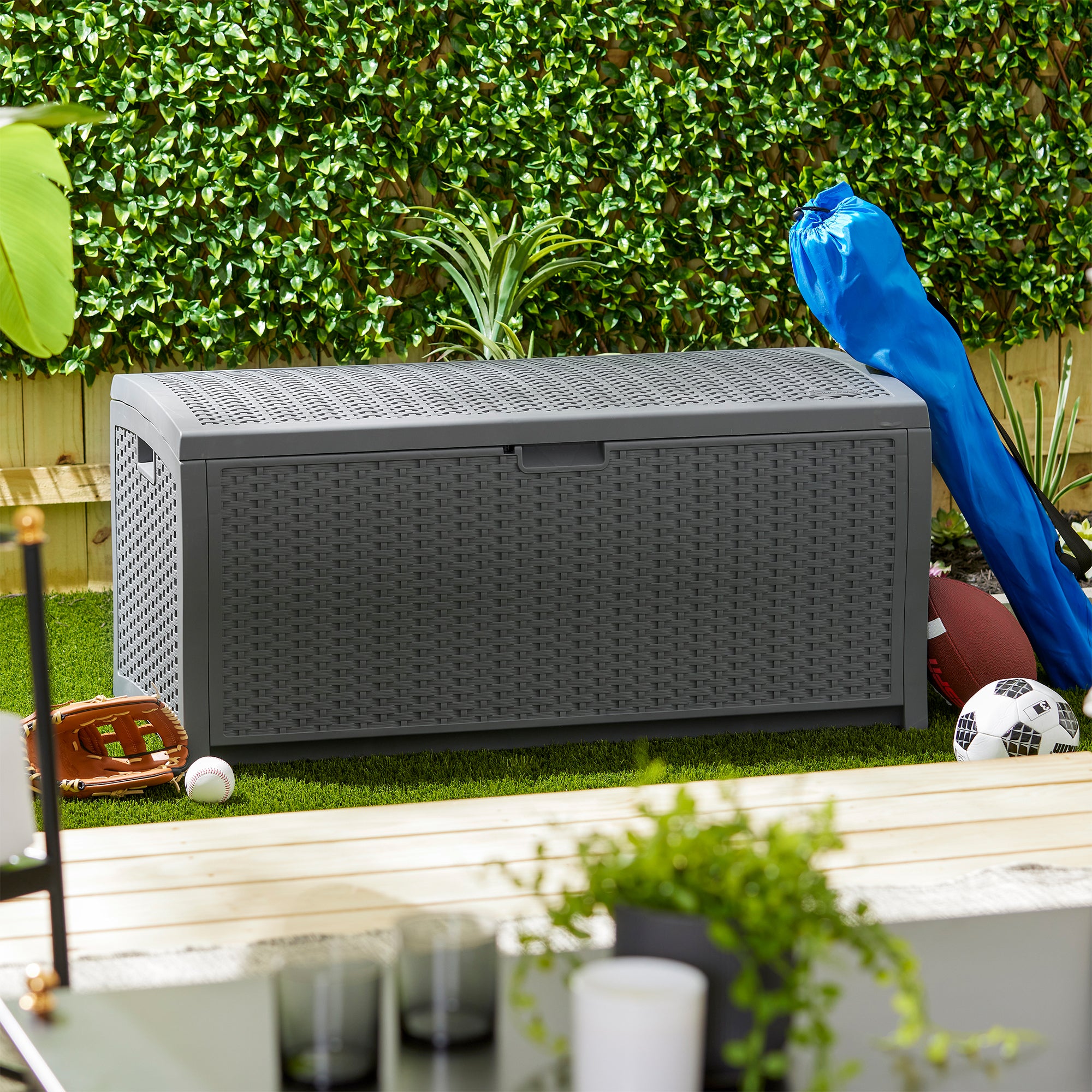 Suncast 73 Gallon Wicker Outdoor Patio Storage Deck Box, Cyberspace (2 Pack) - VMInnovations