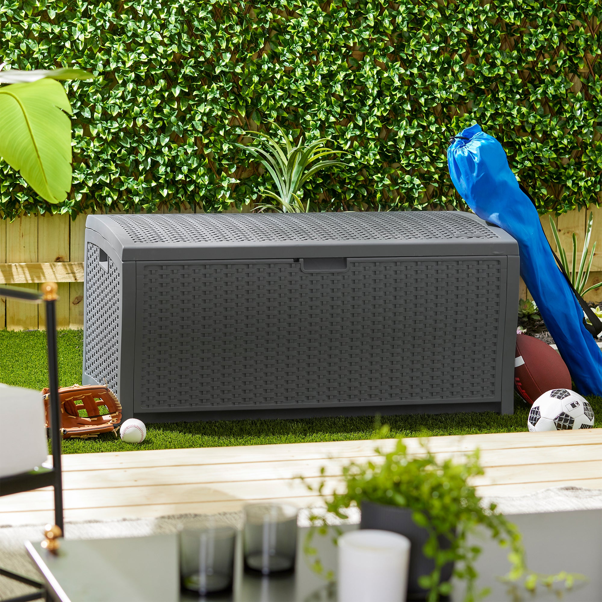 Suncast 73 Gallon Wicker Outdoor Patio Storage Deck Box, Cyberspace (2 Pack) - VMInnovations