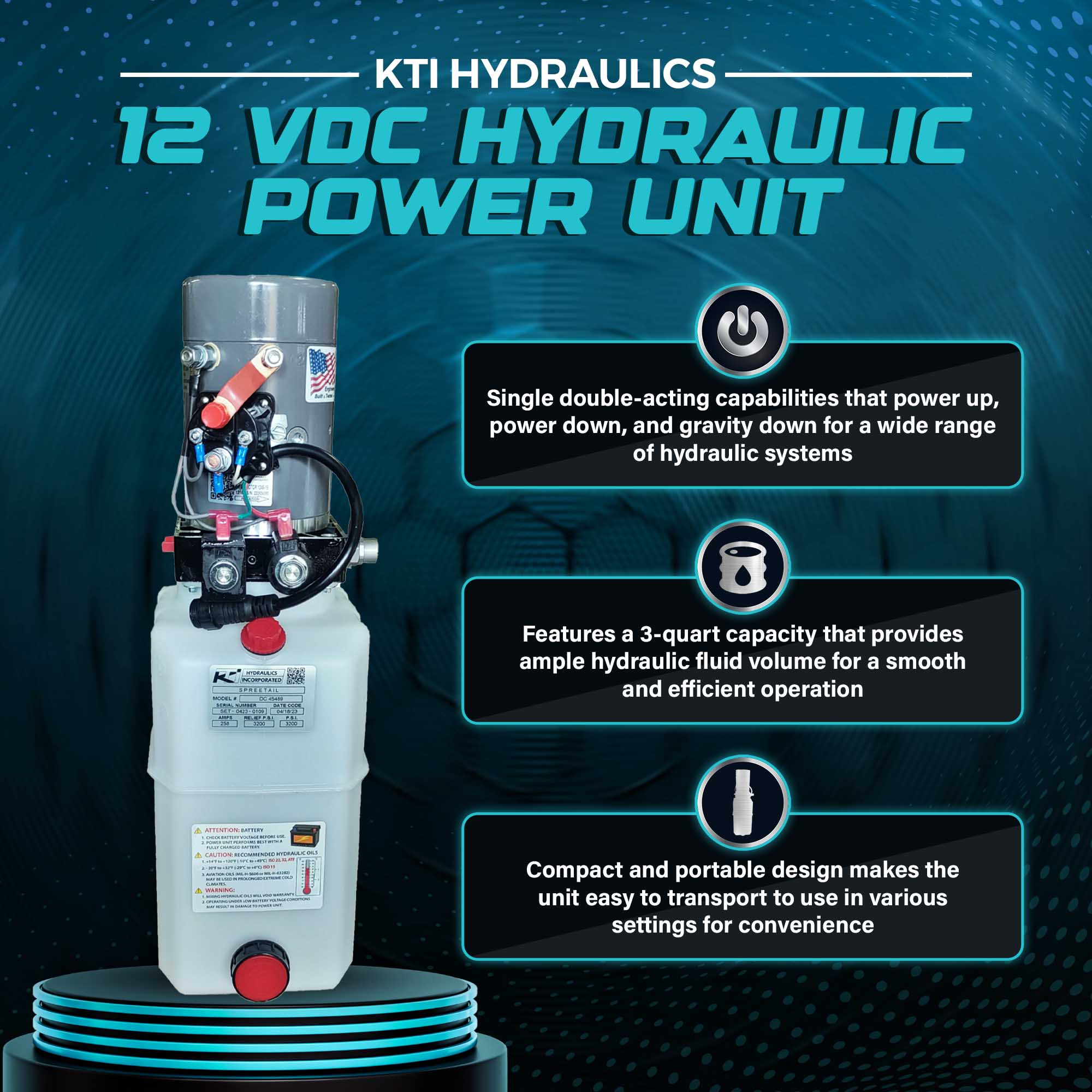 KTI Hydraulics12 VDC HPU Single Double Acting Power Up/Down/Gravity Down, 6 Qt - VMInnovations