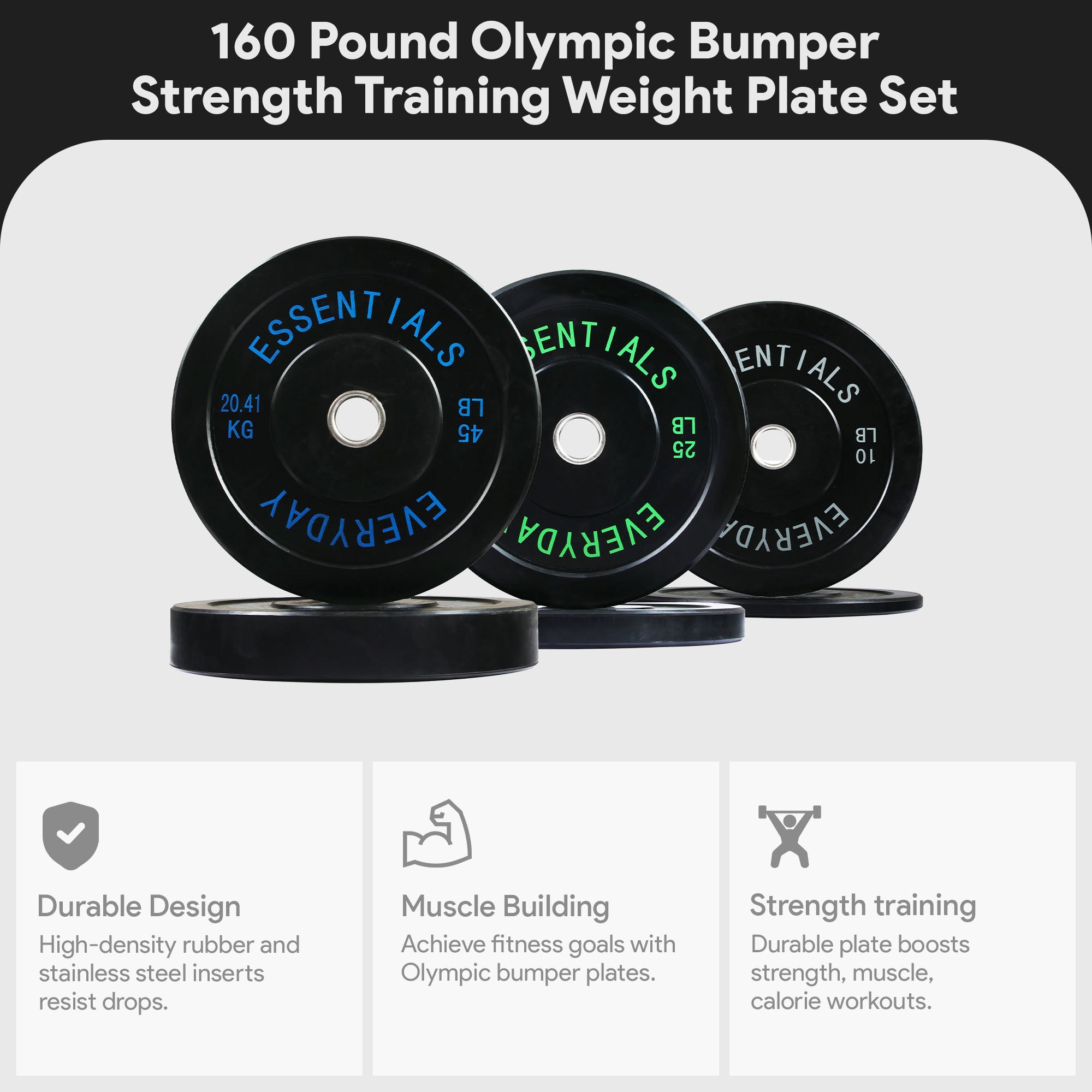 BalanceFrom Fitness 160 Pound Olympic Bumper Strength Training Weight Plate Set - VMInnovations