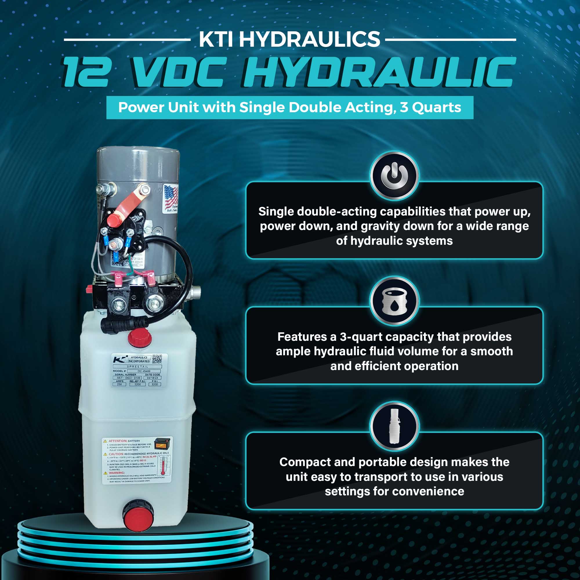 KTI Hydraulics 12 VDC Hydraulic Power Unit with Single Double Acting, 3 Quarts - VMInnovations