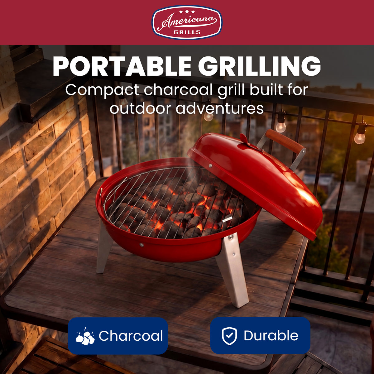Americana Lock N Go Portable Charcoal Grill with Locking Hood and Bowl, Red