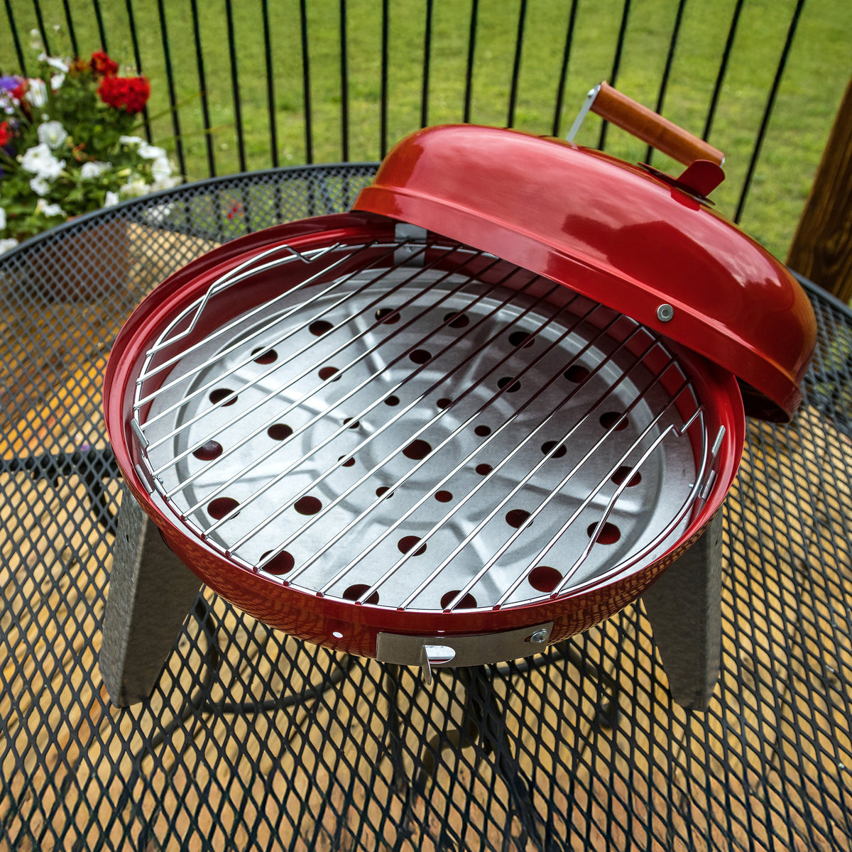 Americana Lock N Go Portable Charcoal Grill with Locking Hood and Bowl, Red