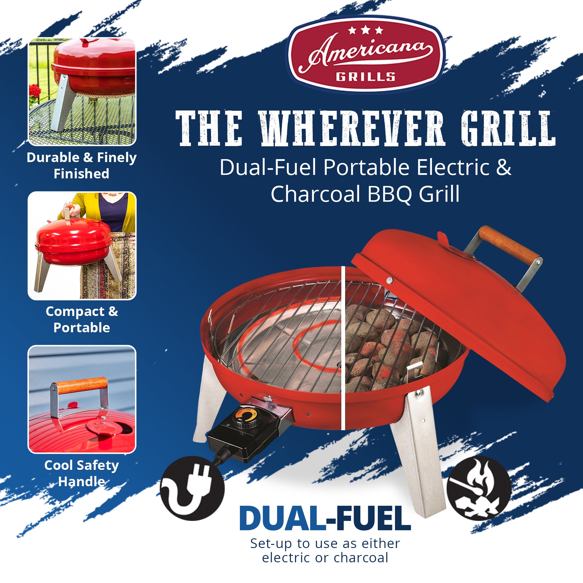 Americana Wherever Grill Dual-Fuel Portable Electric and Charcoal BBQ Grill, Red - VMInnovations