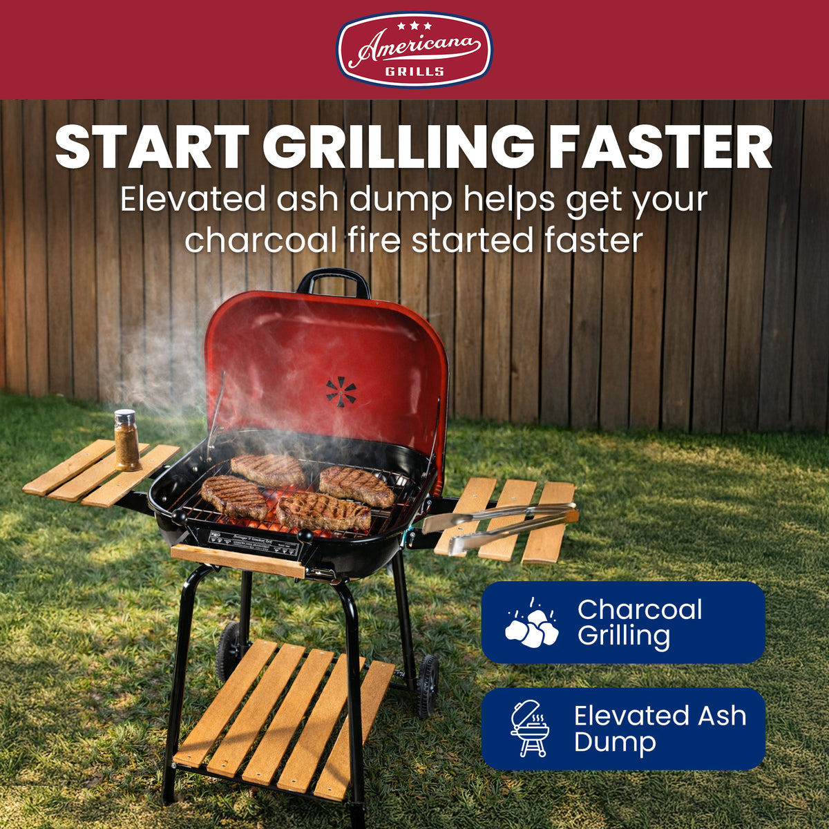 MECO Americana Swinger Wheeled Charcoal Grill w/Side Tables & Bottom Shelf, Red