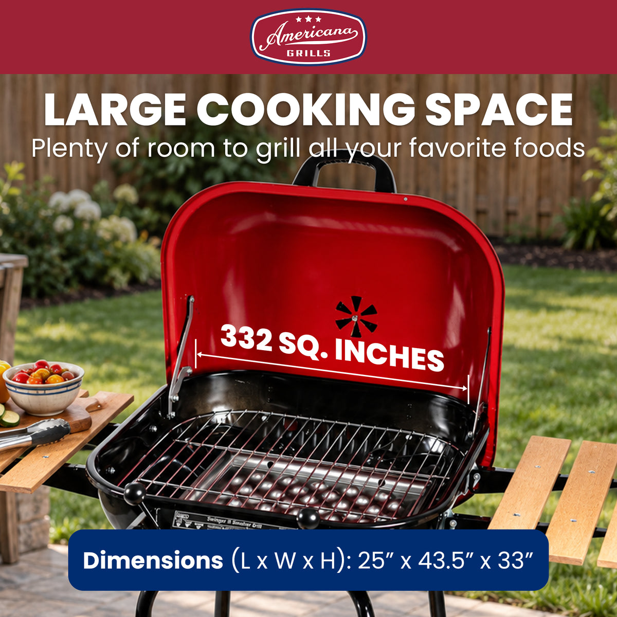 MECO Americana Swinger Wheeled Charcoal Grill w/Side Tables & Bottom Shelf, Red