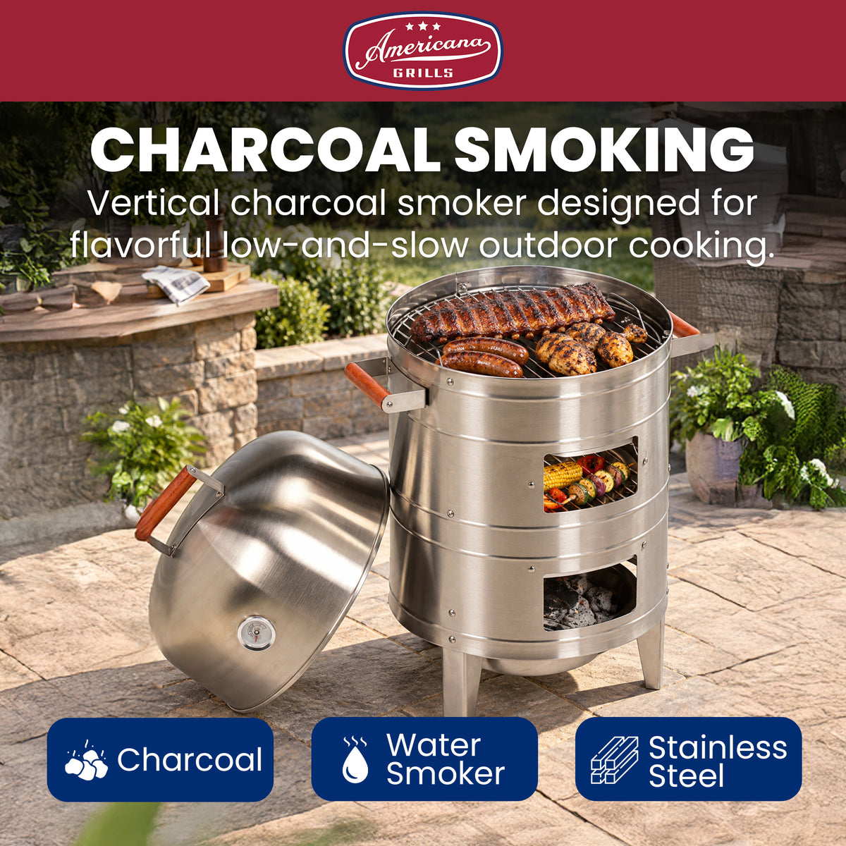 Americana Grills 351 Square Inch Stainless Steel Charcoal BBQ Meat Water Smoker