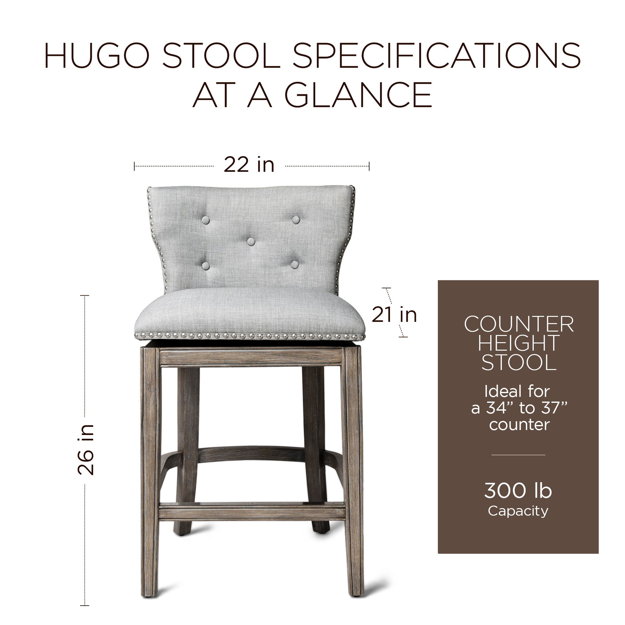 Maven Lane Hugo Counter Stool, Reclaimed Oak Finish & Ash Grey Fabric Upholstery - VMInnovations