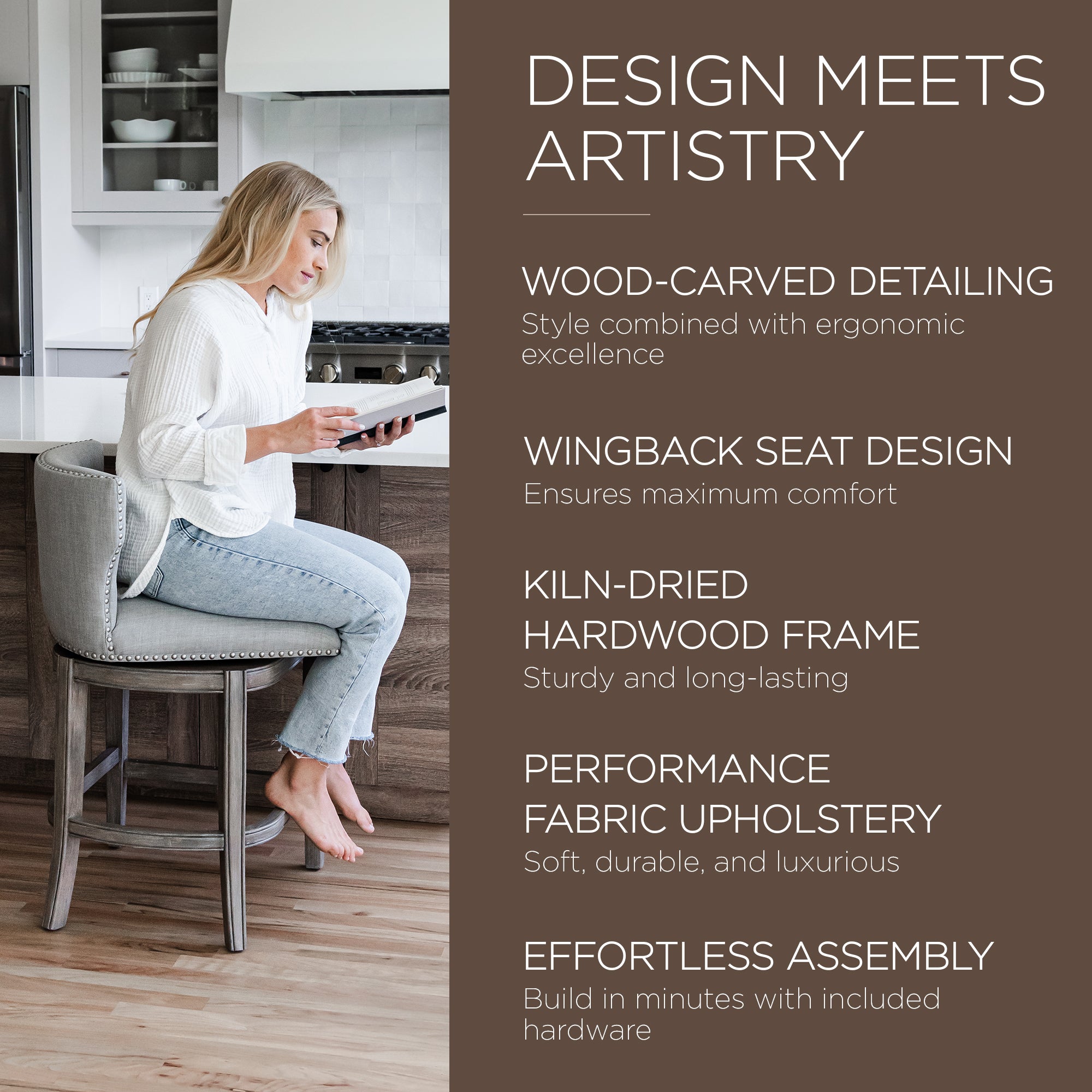 Maven Lane Hugo Counter Stool, Reclaimed Oak Finish & Ash Grey Fabric Upholstery - VMInnovations