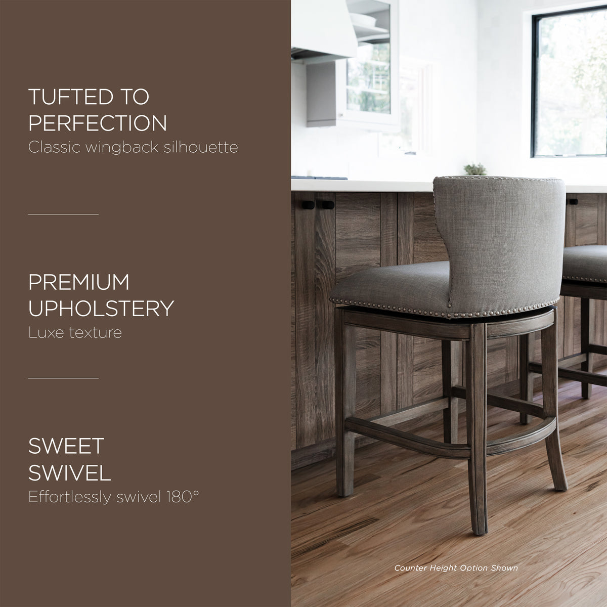 Maven Lane Hugo Tufted-Back Swivel Stool, Reclaimed Oak, Bar Height (Used) - VMInnovations