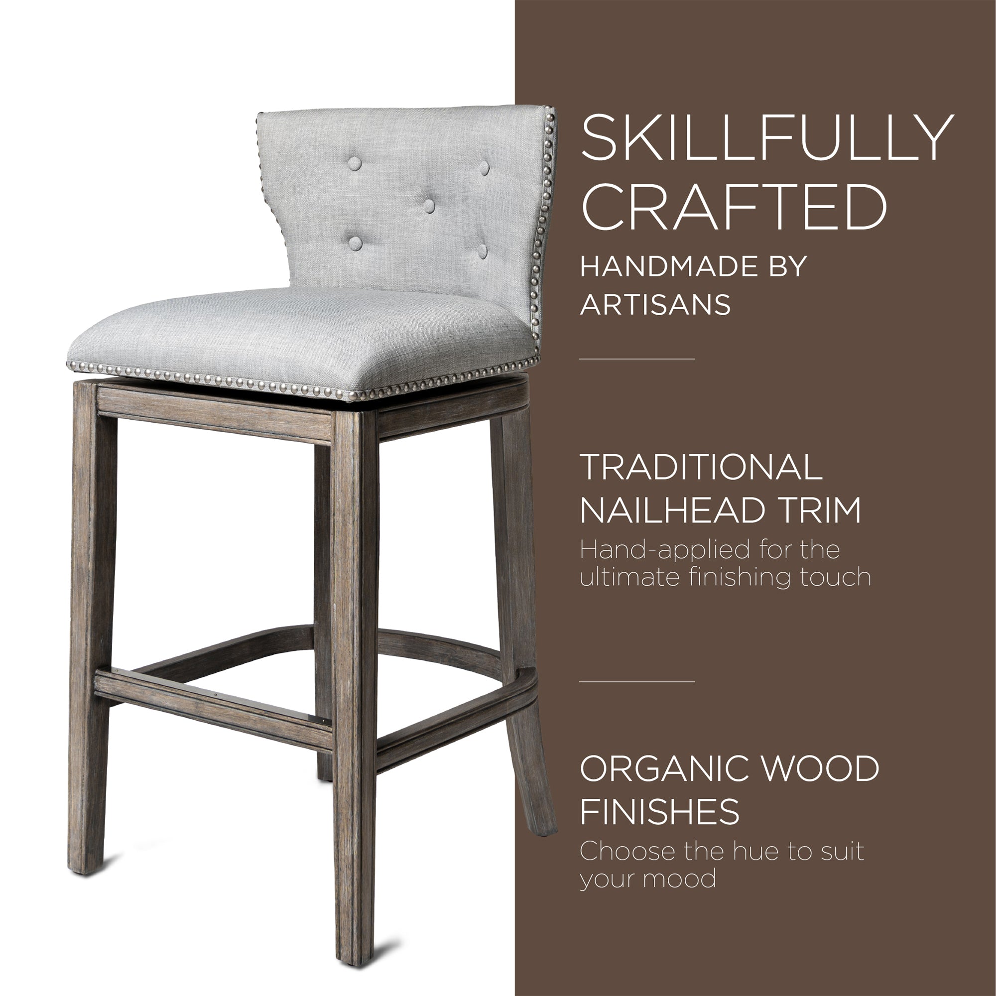 Maven Lane Hugo Tufted-Back Swivel Stool, Reclaimed Oak, Bar Height (Used) - VMInnovations