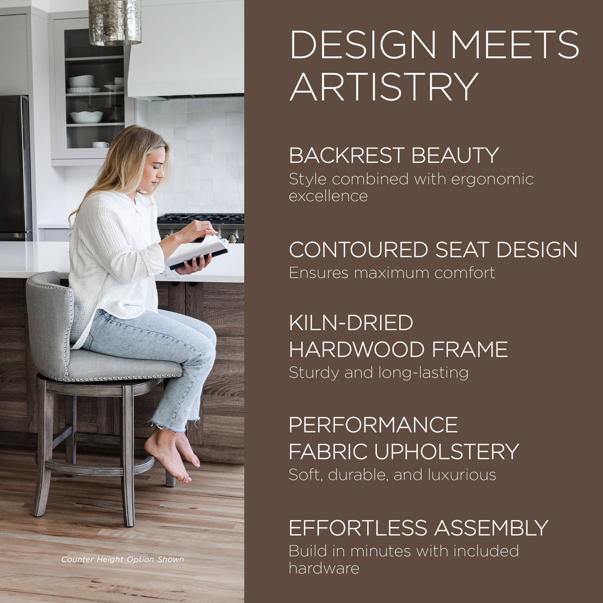 Maven Lane Hugo Tufted-Back Swivel Stool, Reclaimed Oak, Bar Height (Used) - VMInnovations