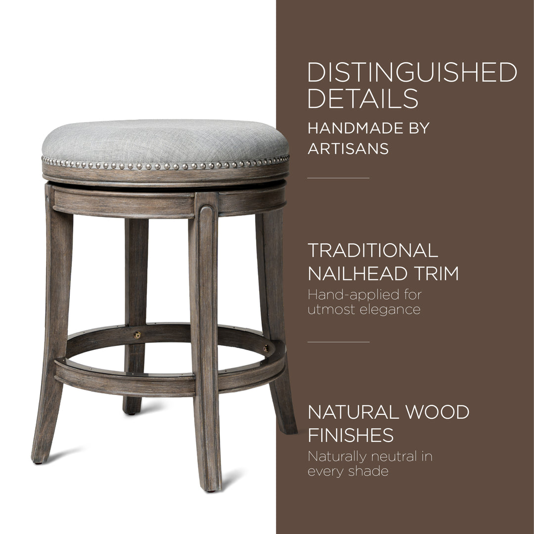 Maven Lane Alexander Backless Counter Stool in Reclaimed Oak Finish w/ Ash Grey Fabric Upholstery - VMInnovations