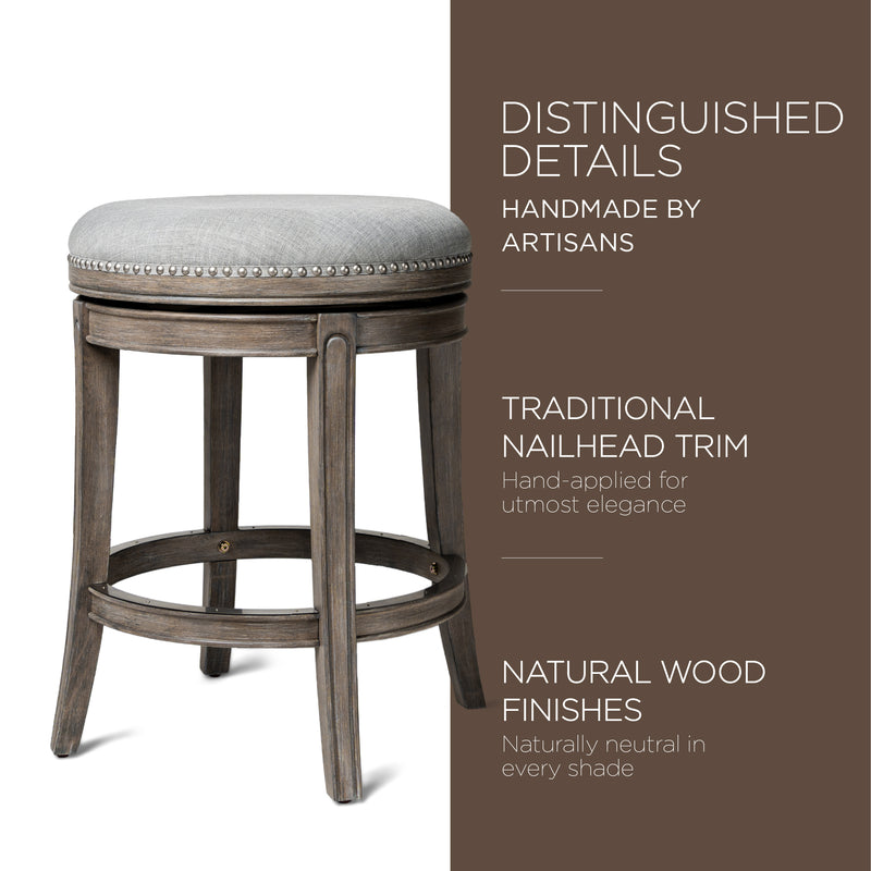 Maven Lane Alexander Backless Counter Stool in Reclaimed Oak Finish w/ Ash Grey Fabric Upholstery