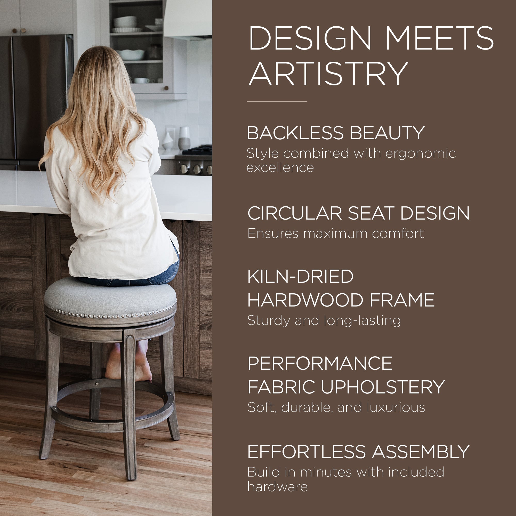 Maven Lane Alexander Backless Counter Stool in Reclaimed Oak Finish w/ Ash Grey Fabric Upholstery - VMInnovations
