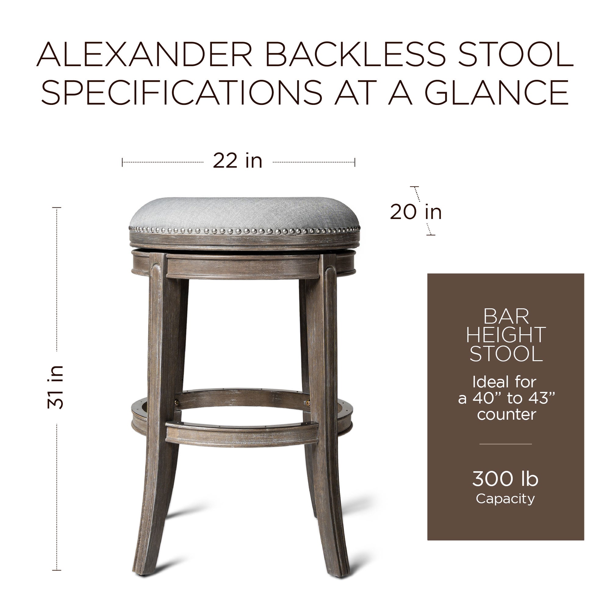 Maven Lane Alexander Backless Bar Stool in Reclaimed Oak Finish w/ Ash Grey Fabric Upholstery - VMInnovations
