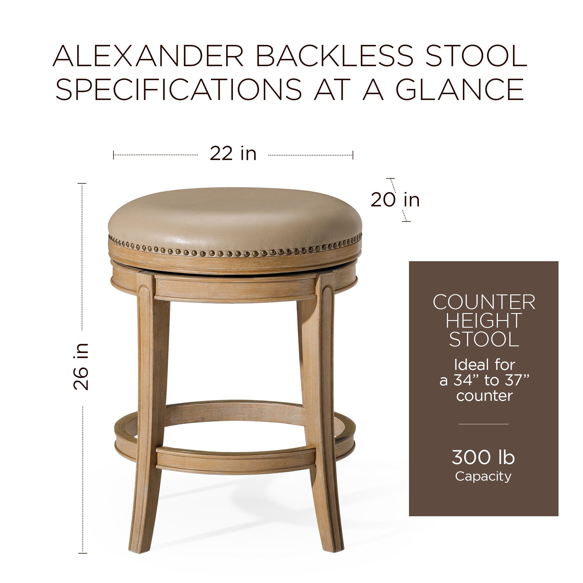 Maven Lane Stool, Weathered Oak Finish w/Avanti Bone Vegan Leather (Open Box) - VMInnovations