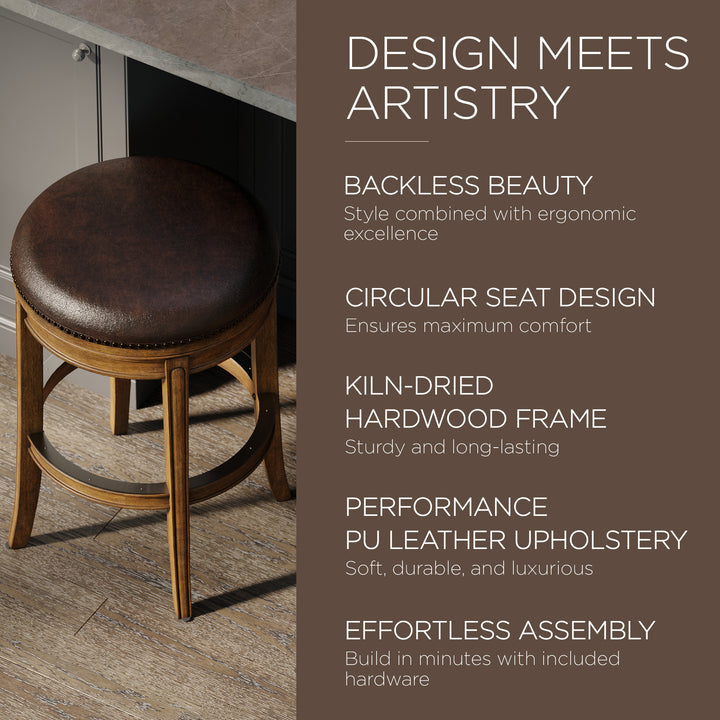 Maven Lane Alexander Backless Counter Stool, Walnut Finish w/ Marksman Saddle Vegan Leather - VMInnovations