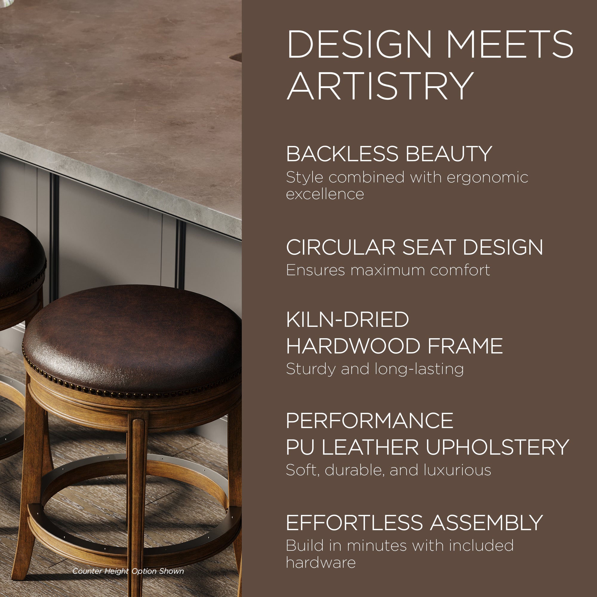 Backless Bar Stool, Walnut Finish w/ Marksman Saddle Vegan Leather (Used) - VMInnovations