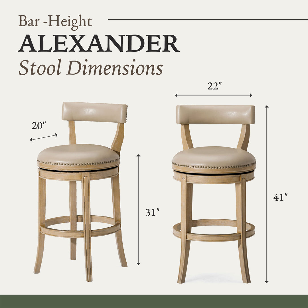 Maven Lane Alexander Bar Stool, Weathered Oak Finish w/ Avanti Bone Vegan Leather - VMInnovations