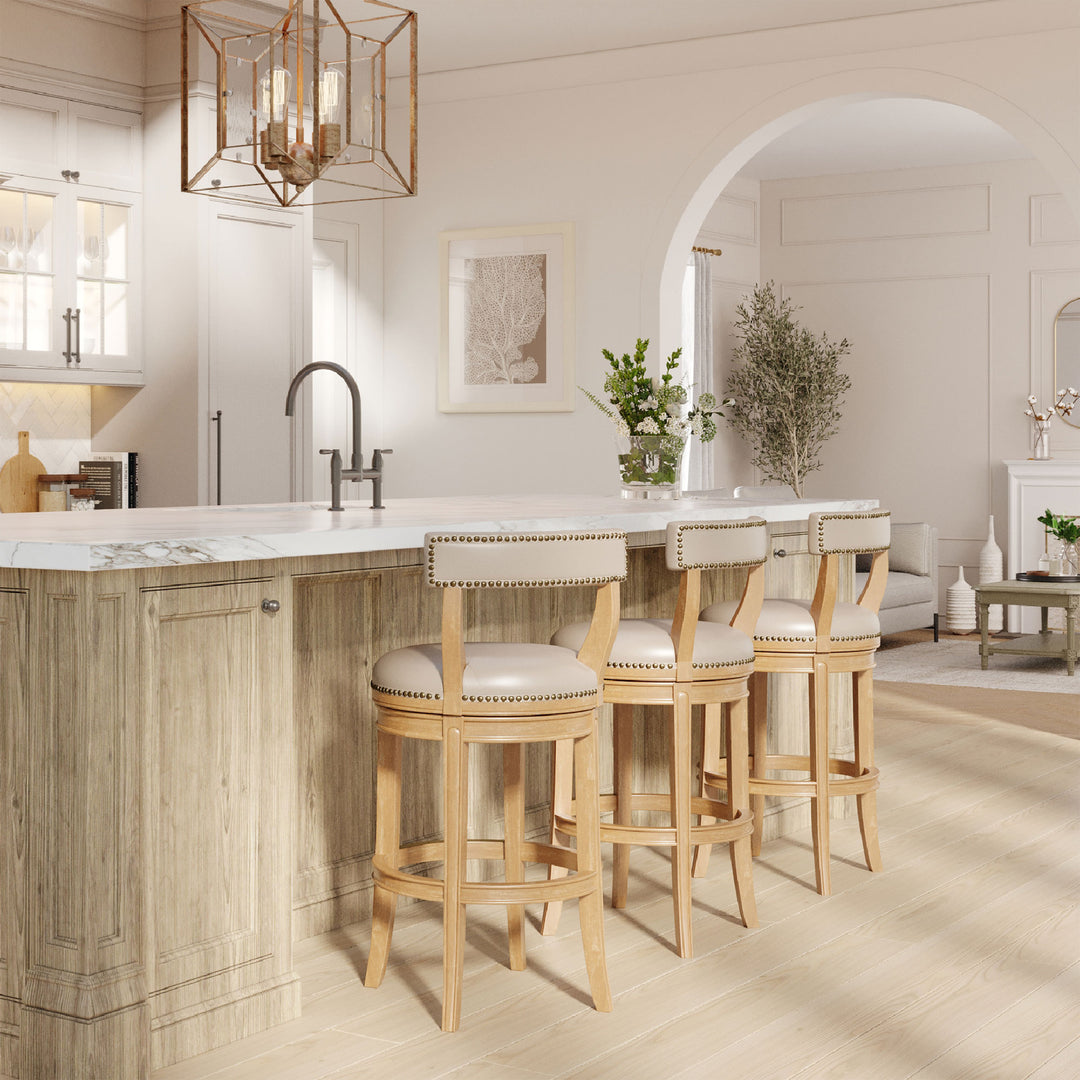 Maven Lane Alexander Bar Stool, Weathered Oak Finish w/ Avanti Bone Vegan Leather - VMInnovations