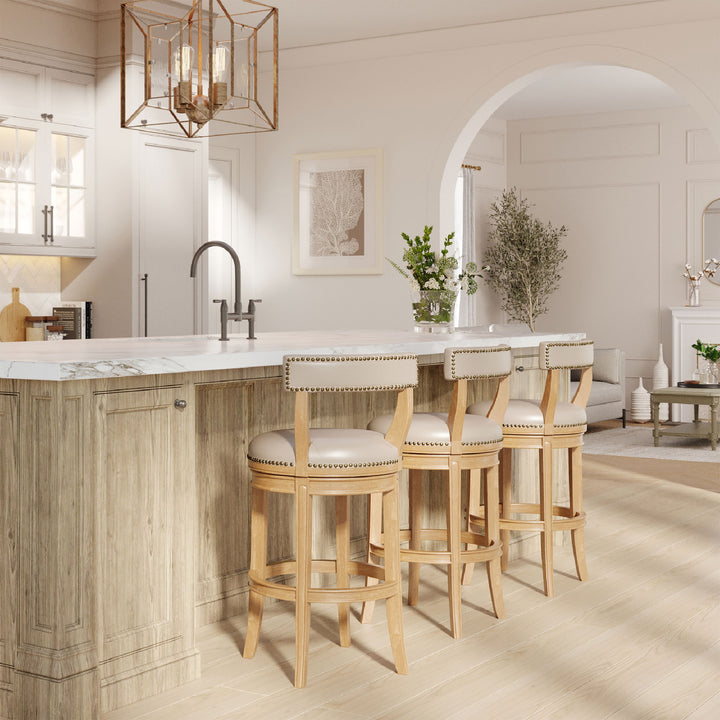 Maven Lane Alexander Bar Stool, Weathered Oak Finish w/ Avanti Bone Vegan Leather - VMInnovations