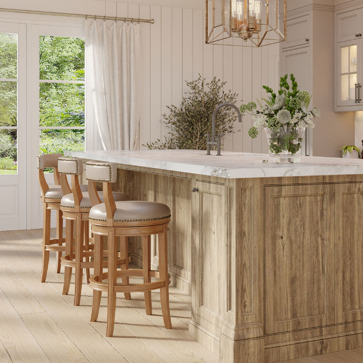 Maven Lane Alexander Bar Stool, Weathered Oak Finish w/ Avanti Bone Vegan Leather - VMInnovations